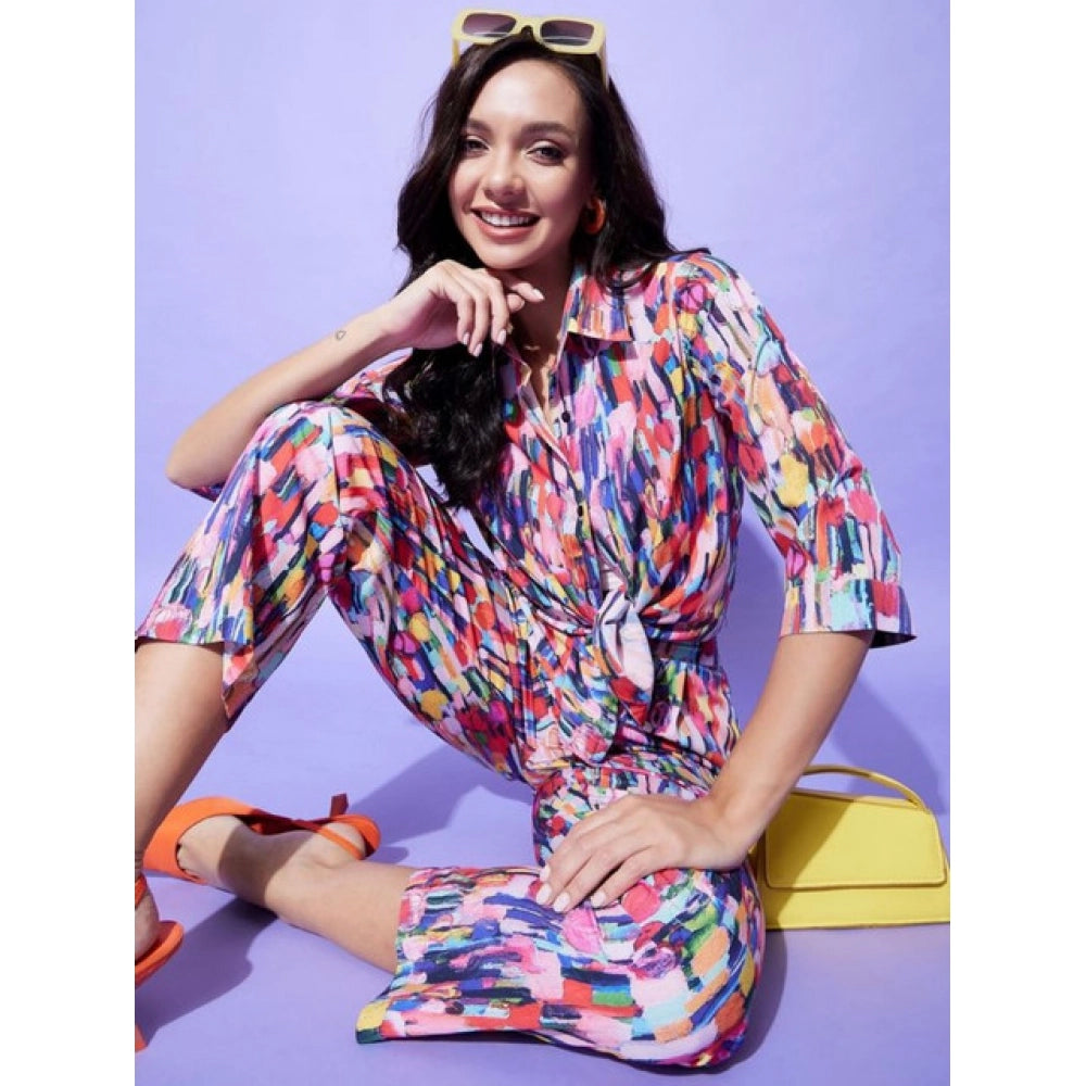 HD Women's Polyester Floral 3-4th Sleeve Co-Ord Set (Multicolor)