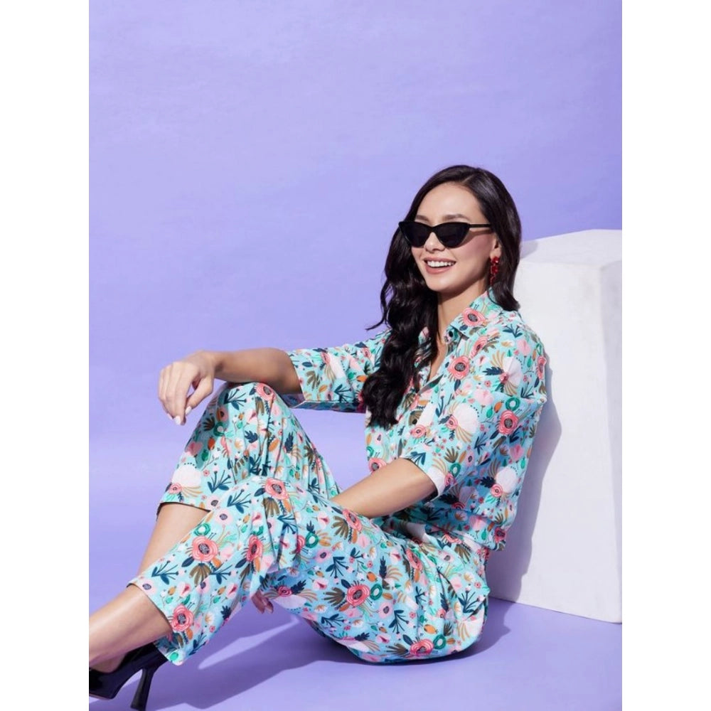 HD Women's Polyester Floral 3-4th Sleeve Co-Ord Set (Multicolor)