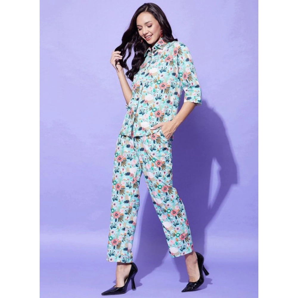 HD Women's Polyester Floral 3-4th Sleeve Co-Ord Set (Multicolor)