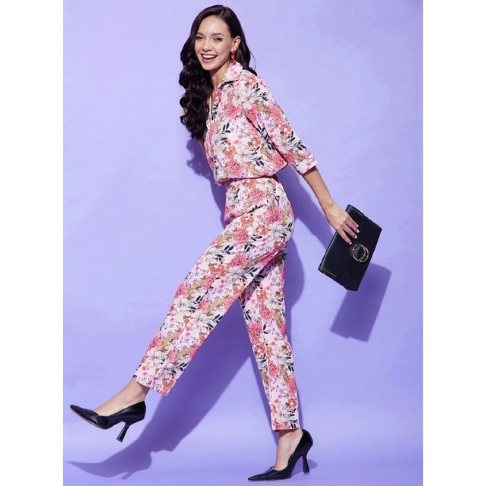 HD Women's Polyester Floral 3-4th Sleeve Co-Ord Set (Multicolor)