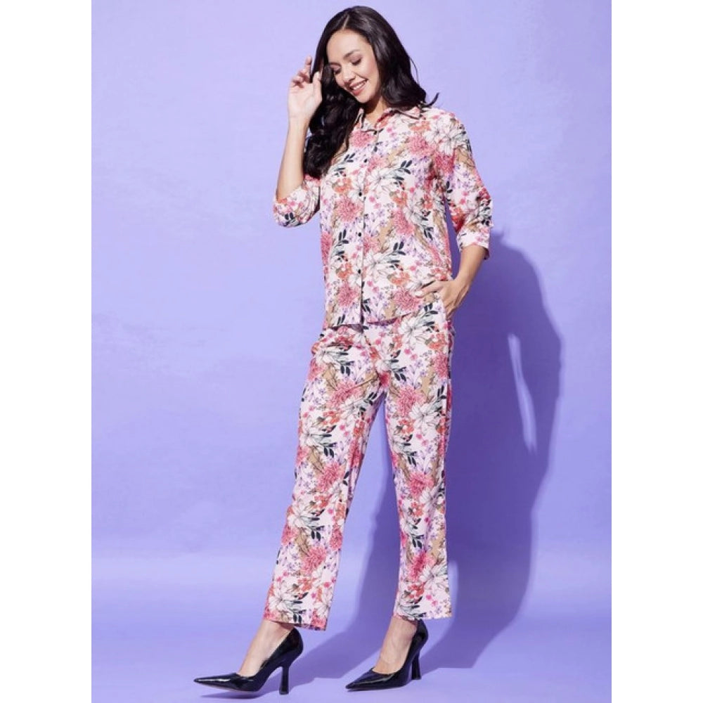 HD Women's Polyester Floral 3-4th Sleeve Co-Ord Set (Multicolor)