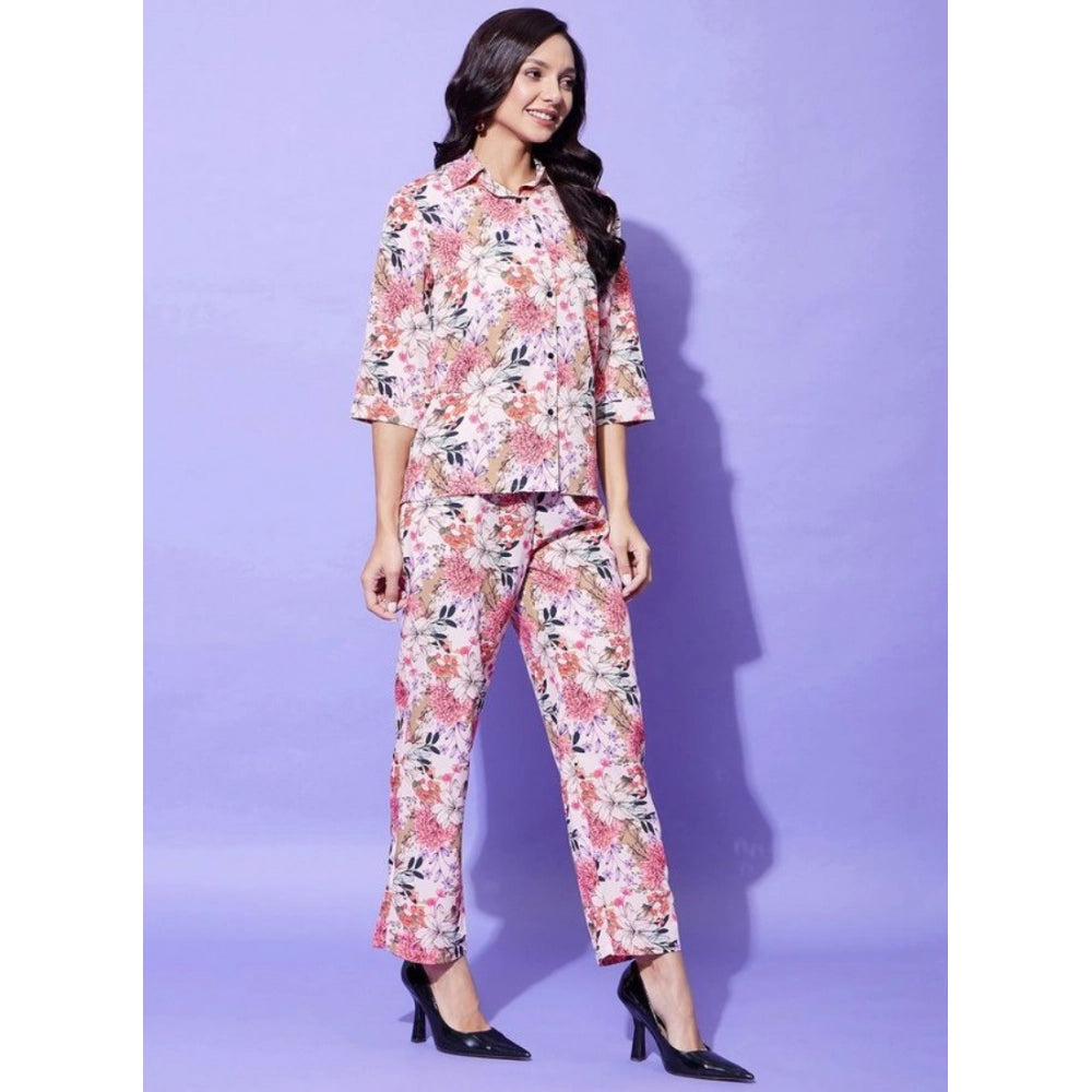 HD Women's Polyester Floral 3-4th Sleeve Co-Ord Set (Multicolor)