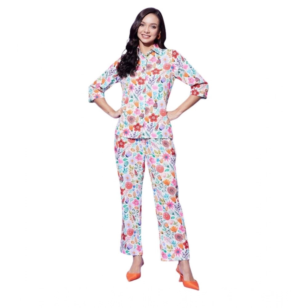 HD Women's Polyester Floral 3-4th Sleeve Co-Ord Set (Multicolor)