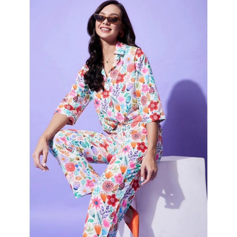 HD Women's Polyester Floral 3-4th Sleeve Co-Ord Set (Multicolor)