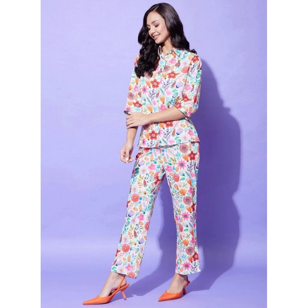 HD Women's Polyester Floral 3-4th Sleeve Co-Ord Set (Multicolor)