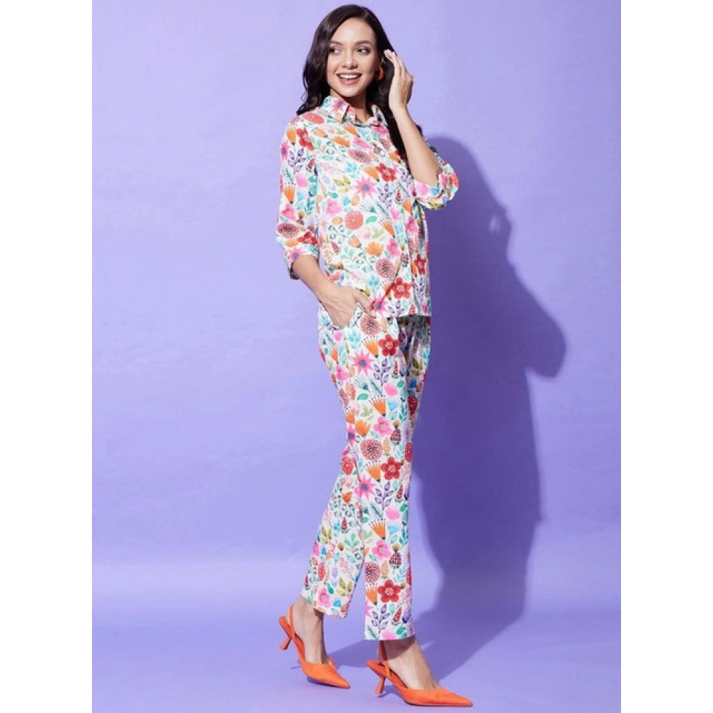 HD Women's Polyester Floral 3-4th Sleeve Co-Ord Set (Multicolor)