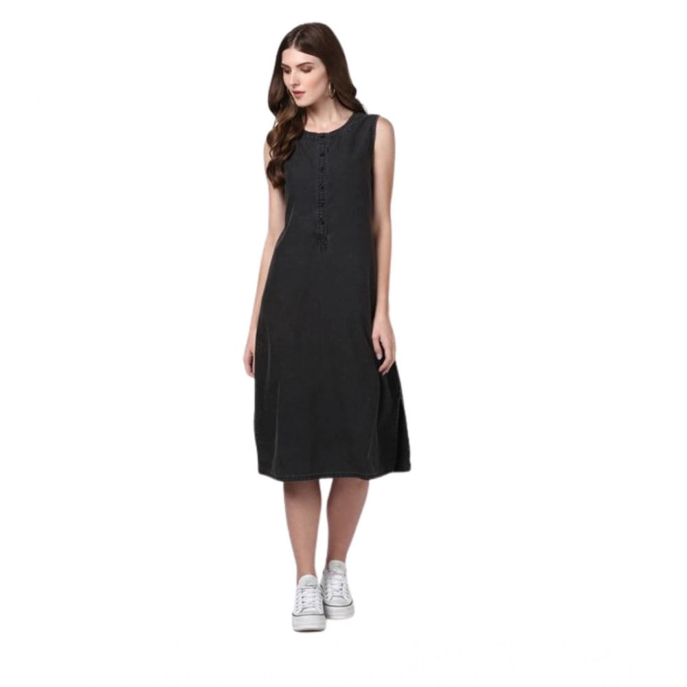 HD Women's Denim Solid Sleeveless Dress (Black)