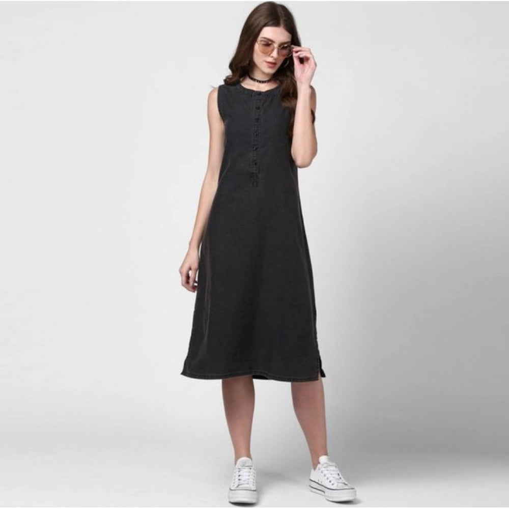HD Women's Denim Solid Sleeveless Dress (Black)