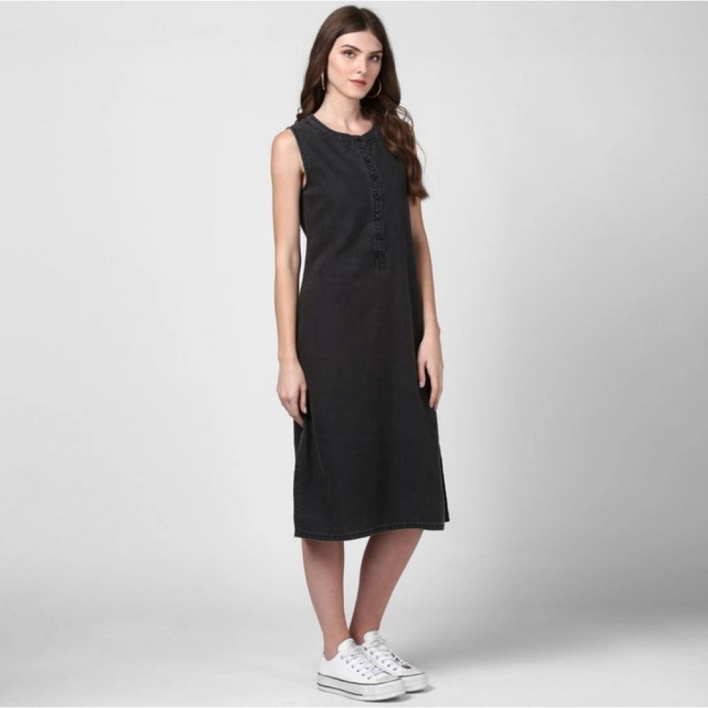 HD Women's Denim Solid Sleeveless Dress (Black)