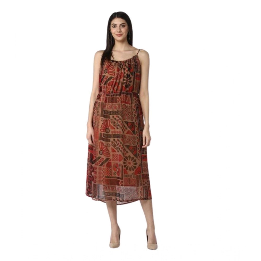 HD Women's Polyester Printed Shoulder Straps Dress (Maroon - Brown)