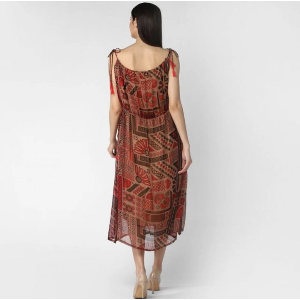 HD Women's Polyester Printed Shoulder Straps Dress (Maroon - Brown)