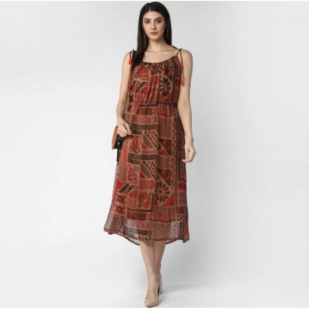 HD Women's Polyester Printed Shoulder Straps Dress (Maroon - Brown)