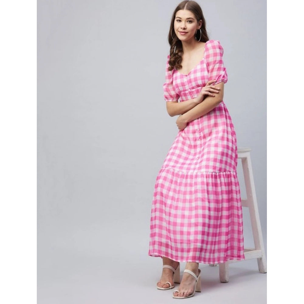 HD Women's Polyester Georgette Checkered Half Sleeve Dress (Pink)