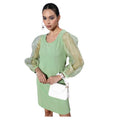 HD Women's Organza And Polyester Lycra Solid Long Sleeves Dress (Green)