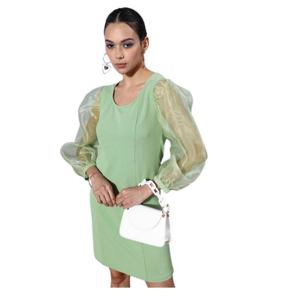 HD Women's Organza And Polyester Lycra Solid Long Sleeves Dress (Green)