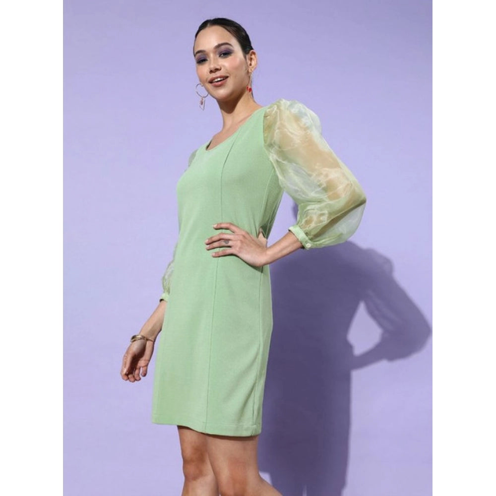 HD Women's Organza And Polyester Lycra Solid Long Sleeves Dress (Green)