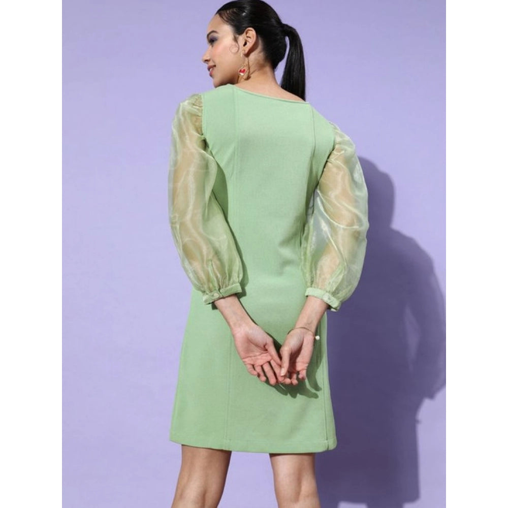 HD Women's Organza And Polyester Lycra Solid Long Sleeves Dress (Green)