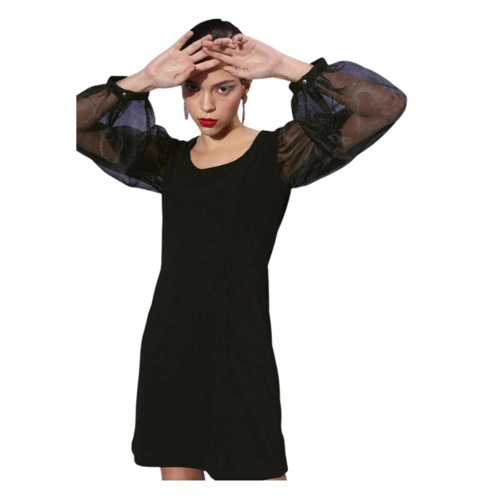 HD Women's Organza And Polyester Lycra Solid Long Sleeves Dress (Black)