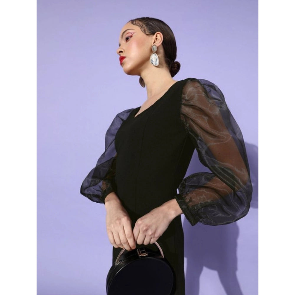 HD Women's Organza And Polyester Lycra Solid Long Sleeves Dress (Black)