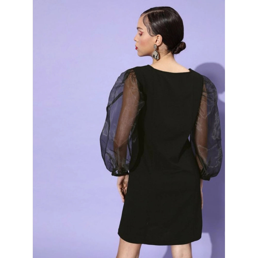 HD Women's Organza And Polyester Lycra Solid Long Sleeves Dress (Black)