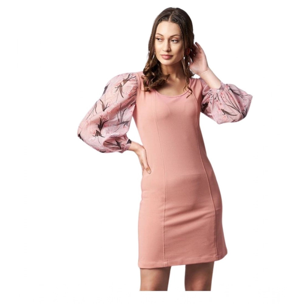 HD Women's Polyester Lycra And Organza Floral Balloon Sleeve Dress (Pink)