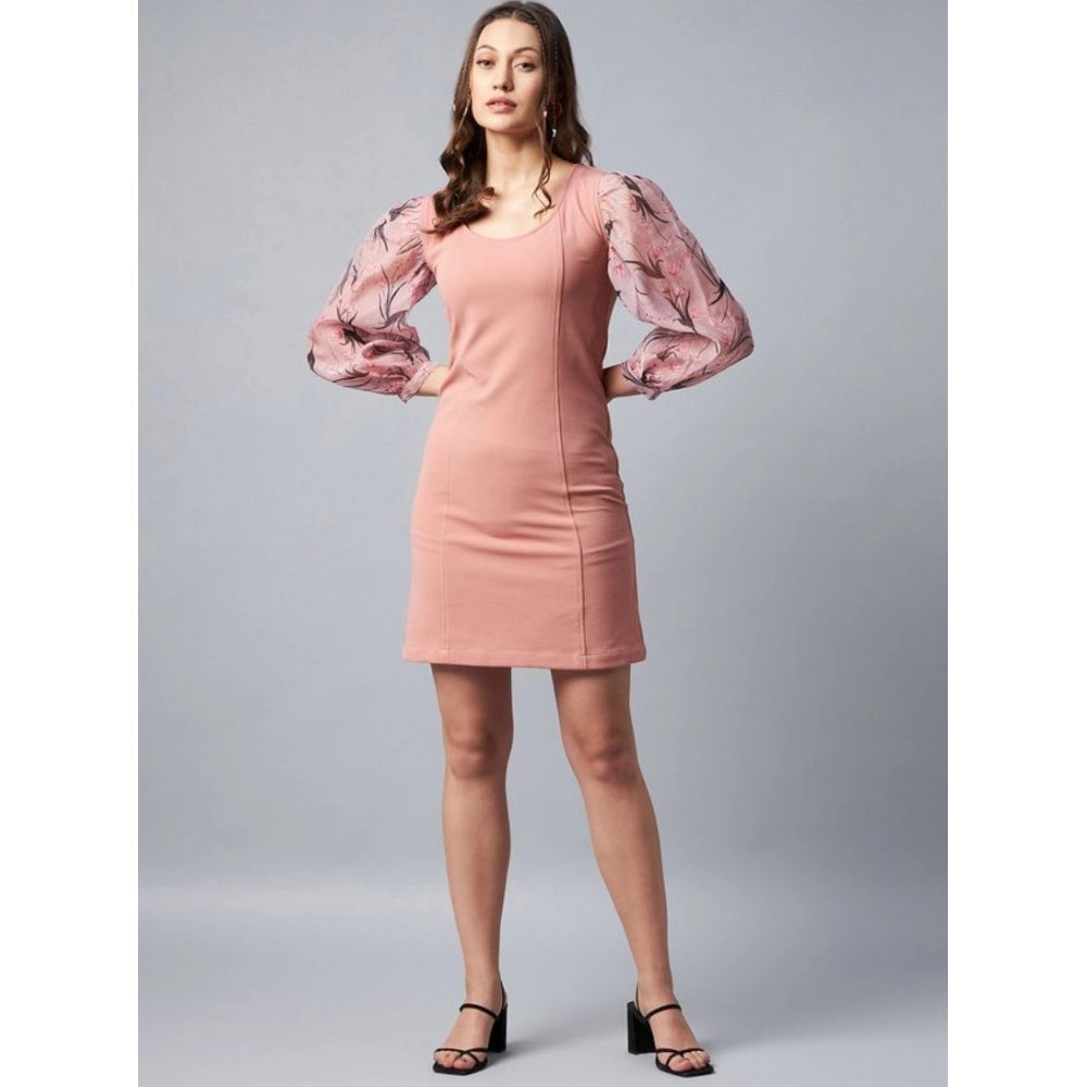 HD Women's Polyester Lycra And Organza Floral Balloon Sleeve Dress (Pink)
