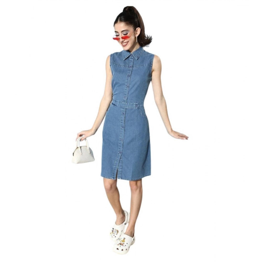 HD Women's Denim Solid Sleeveless Dress (Blue)