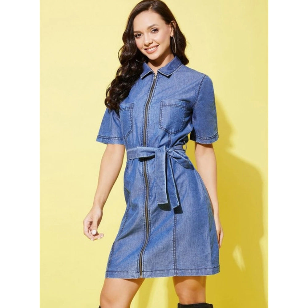 HD Women's Denim Solid Half Sleeve Dress (Blue)