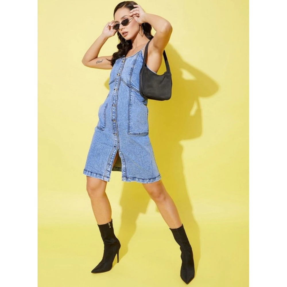 HD Women's Denim Solid Sleeveless Dress (Blue)