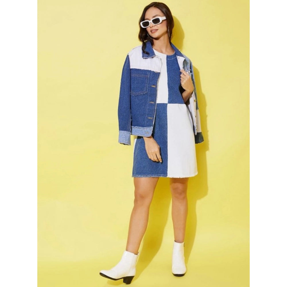 HD Women's Denim Color Blocking Sleeveless Dress (Blue)