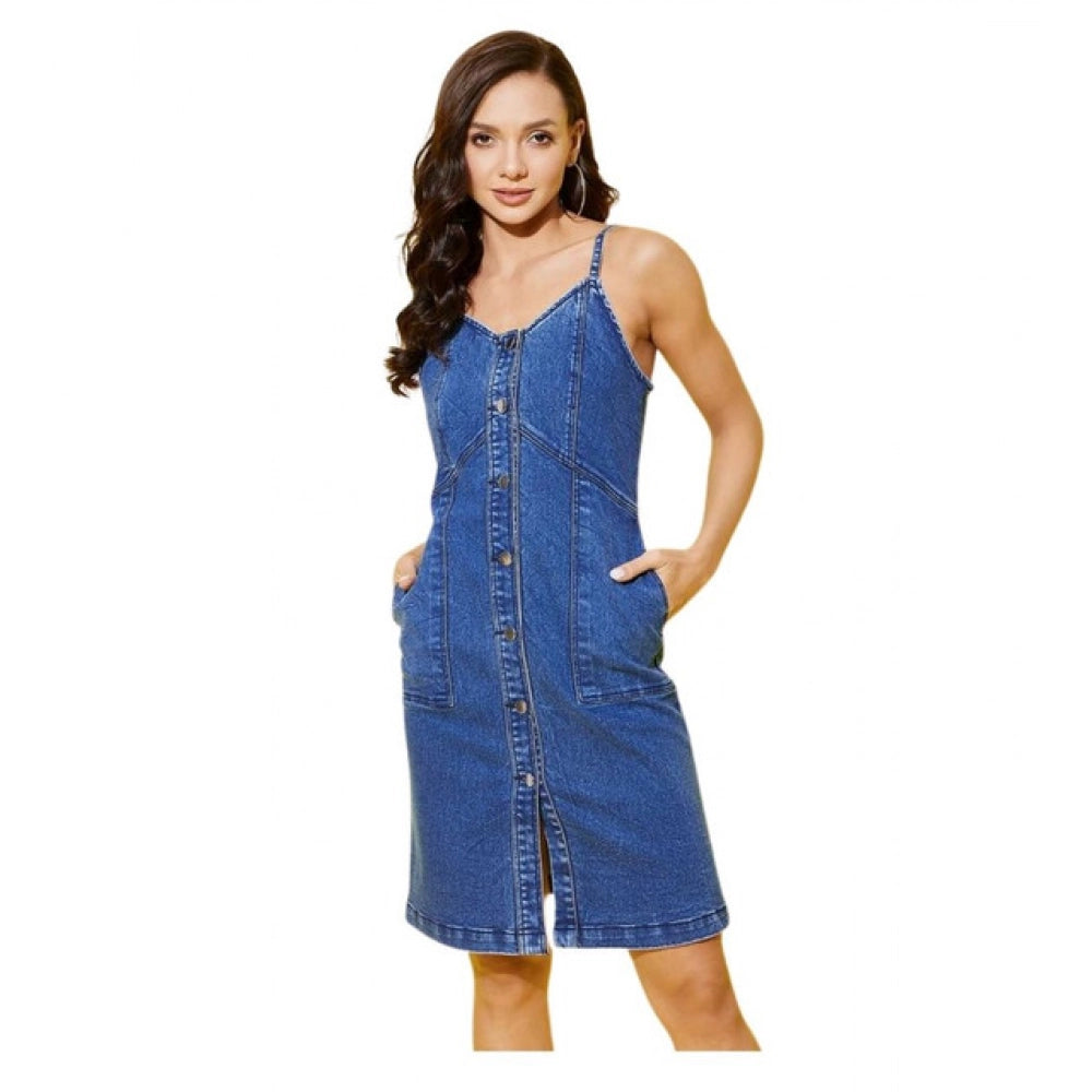 HD Women's Denim Washed Shoulder Straps Dress (Blue)