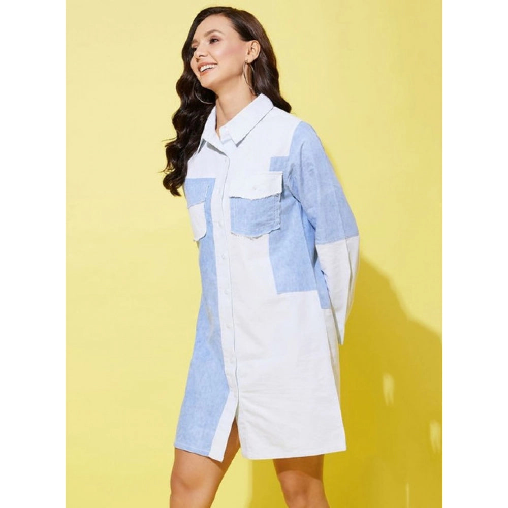 HD Women's Denim Solid Long Sleeves Dress (Blue)