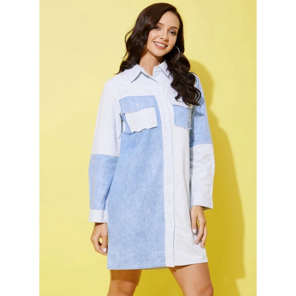 HD Women's Denim Solid Long Sleeves Dress (Blue)