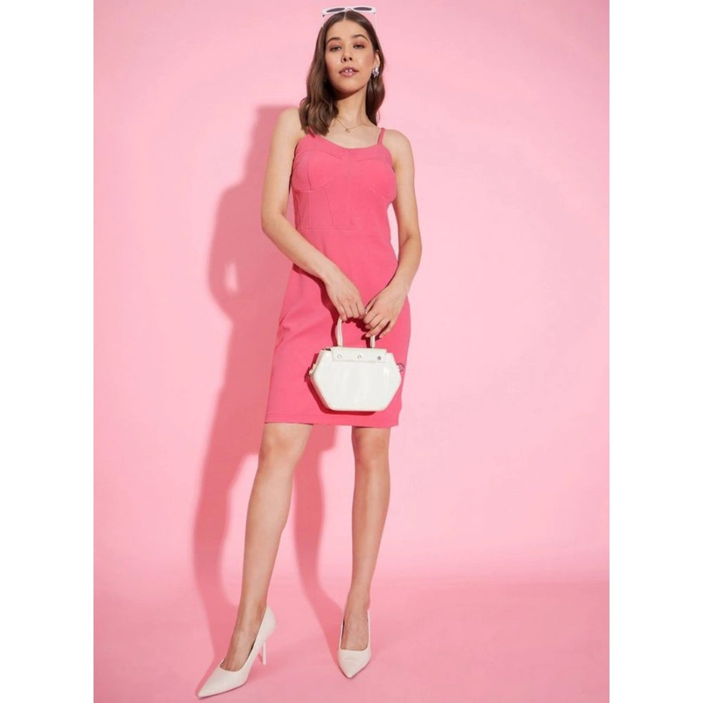 HD Women's Polyester Lycra Solid Shoulder Straps Dress (Pink)