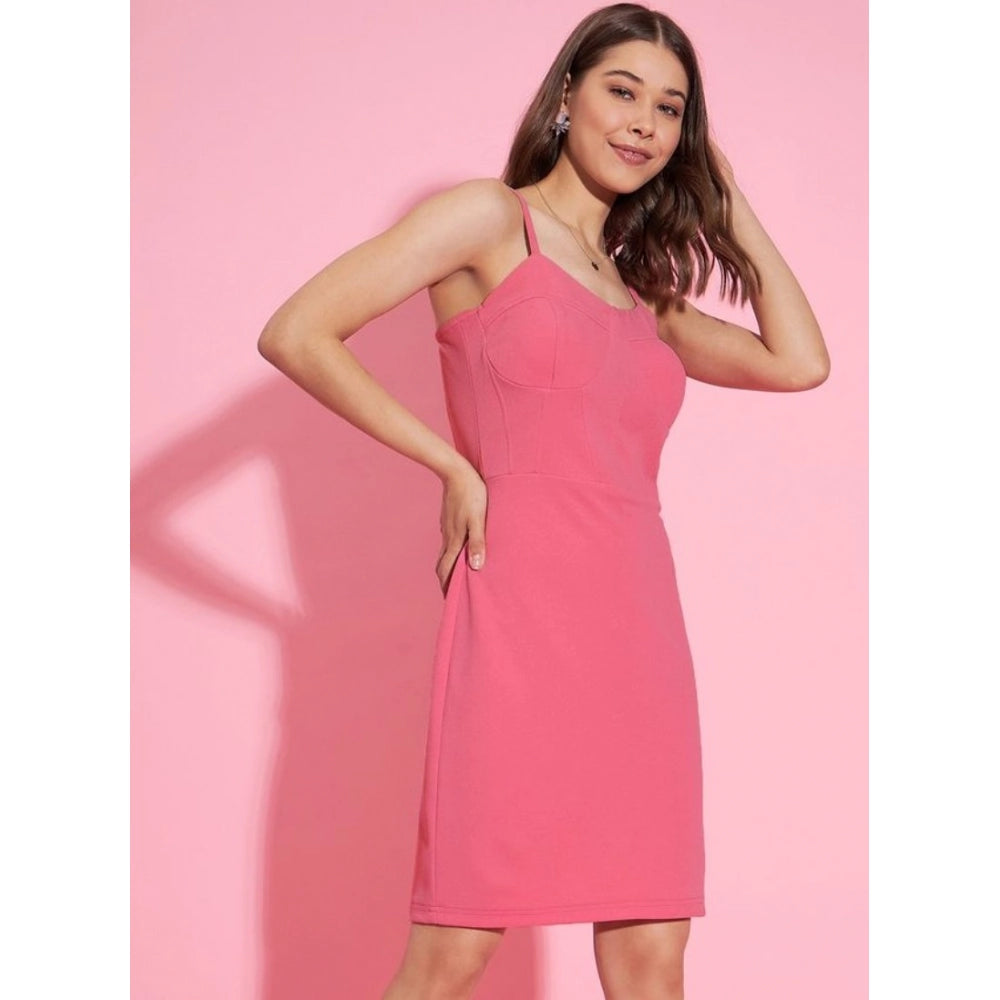 HD Women's Polyester Lycra Solid Shoulder Straps Dress (Pink)