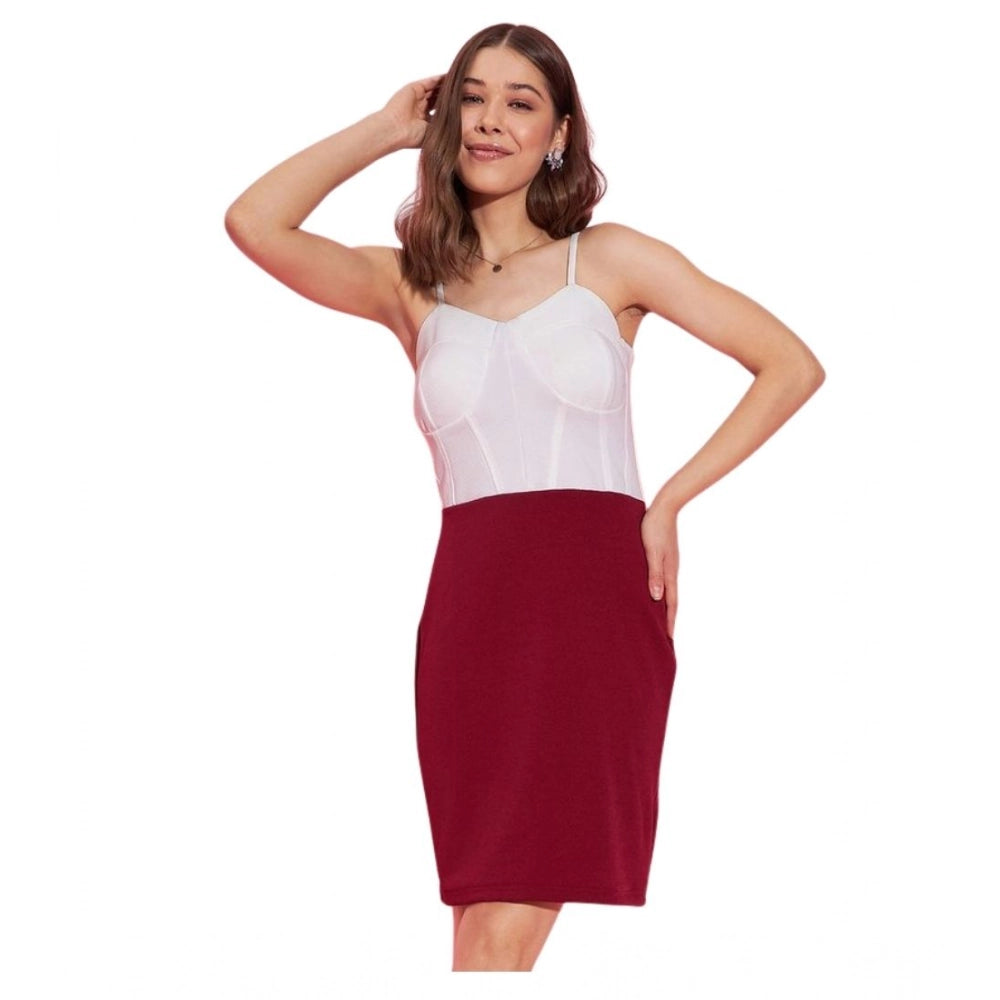 HD Women's Polyester Lycra Color Blocking Shoulder Straps Dress (White - Maroon)