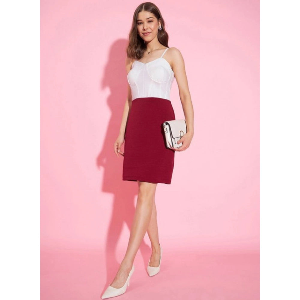 HD Women's Polyester Lycra Color Blocking Shoulder Straps Dress (White - Maroon)