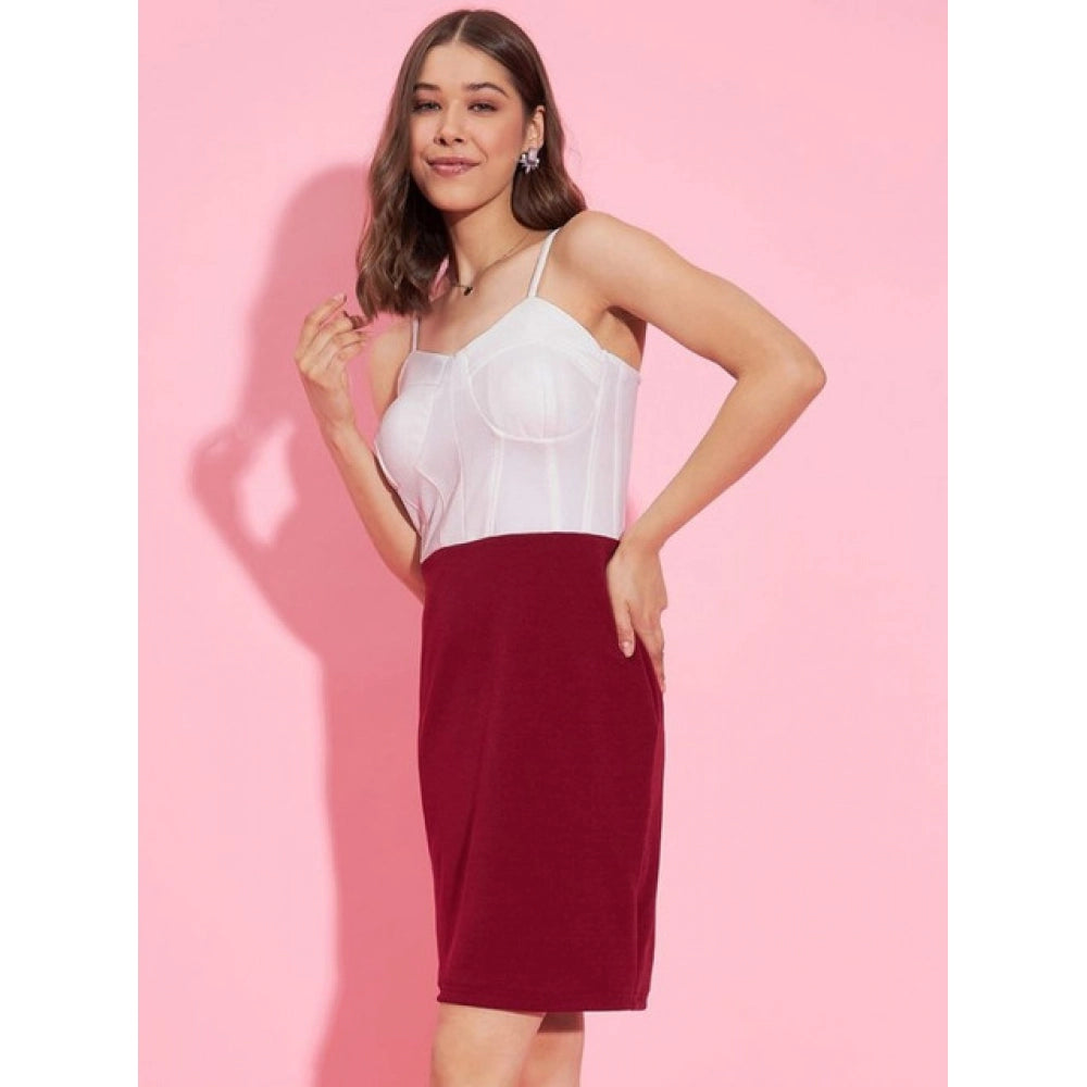 HD Women's Polyester Lycra Color Blocking Shoulder Straps Dress (White - Maroon)