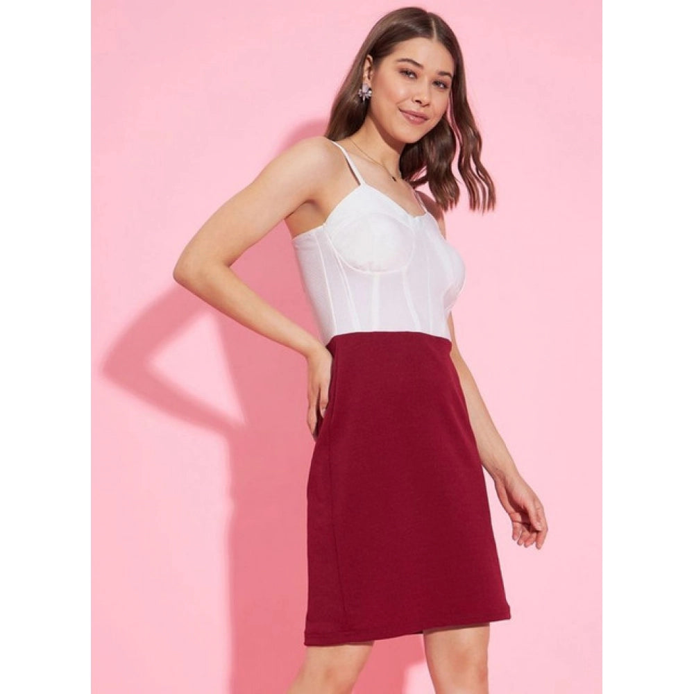 HD Women's Polyester Lycra Color Blocking Shoulder Straps Dress (White - Maroon)