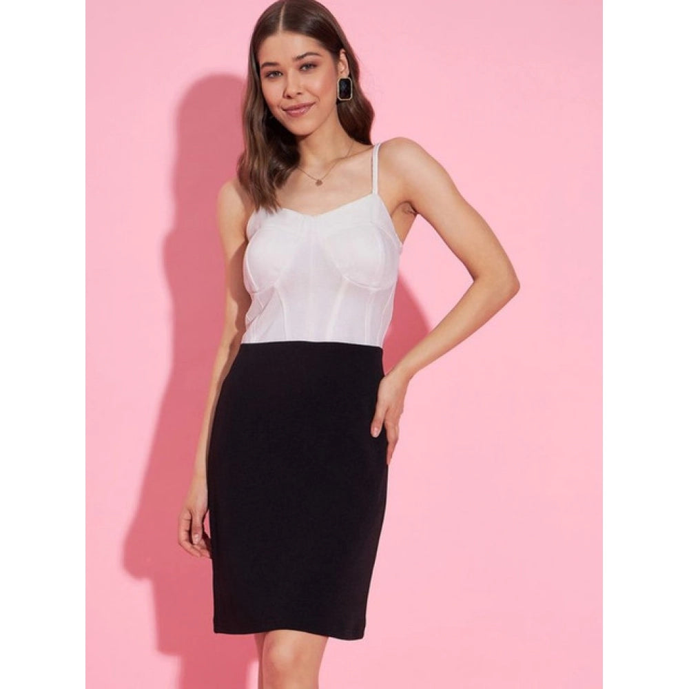 HD Women's Polyester Lycra Color Blocking Shoulder Straps Dress (White - Black)