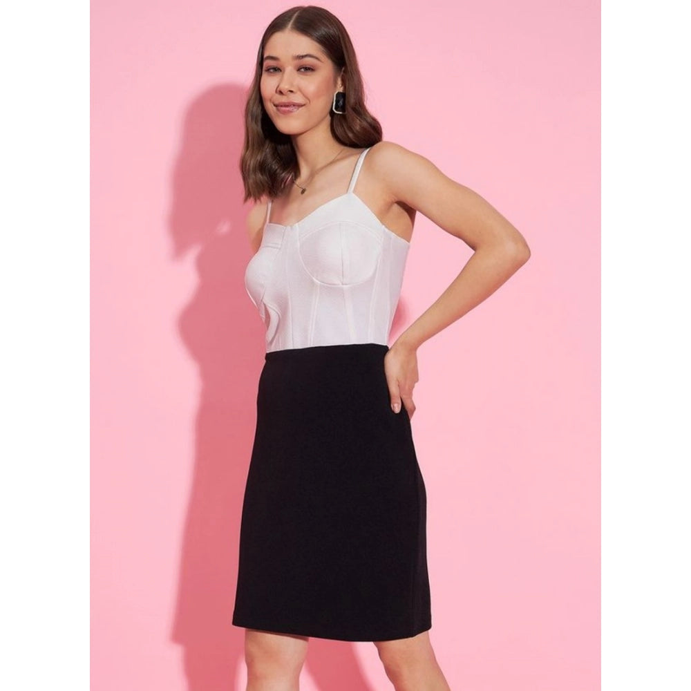 HD Women's Polyester Lycra Color Blocking Shoulder Straps Dress (White - Black)