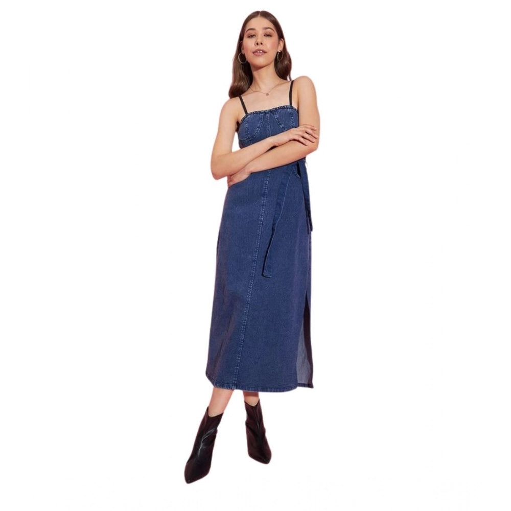 HD Women's Denim Solid Shoulder Straps Dress (Blue)