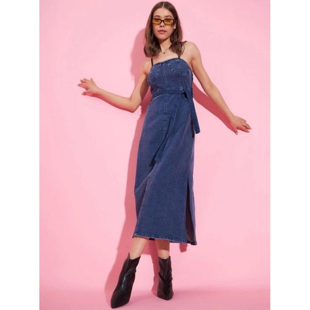 HD Women's Denim Solid Shoulder Straps Dress (Blue)