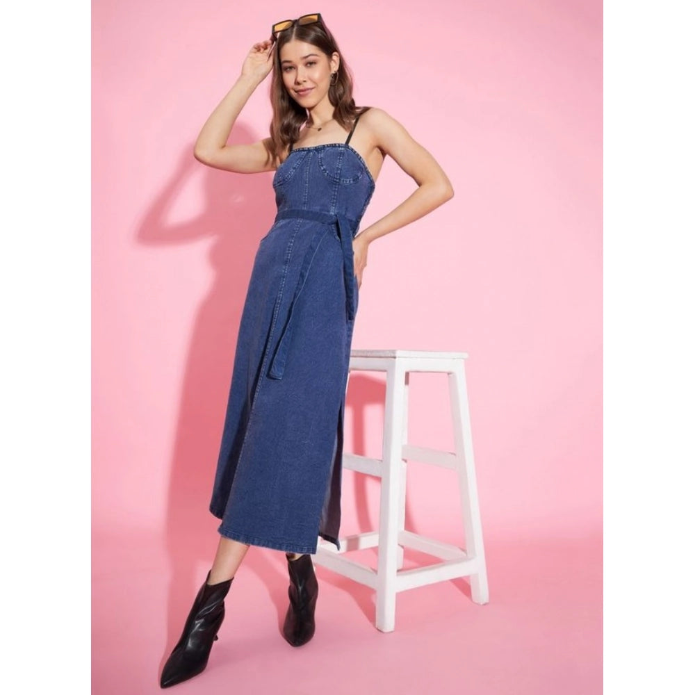 HD Women's Denim Solid Shoulder Straps Dress (Blue)