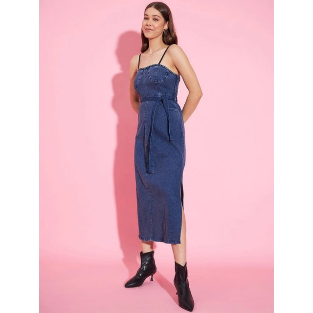 HD Women's Denim Solid Shoulder Straps Dress (Blue)