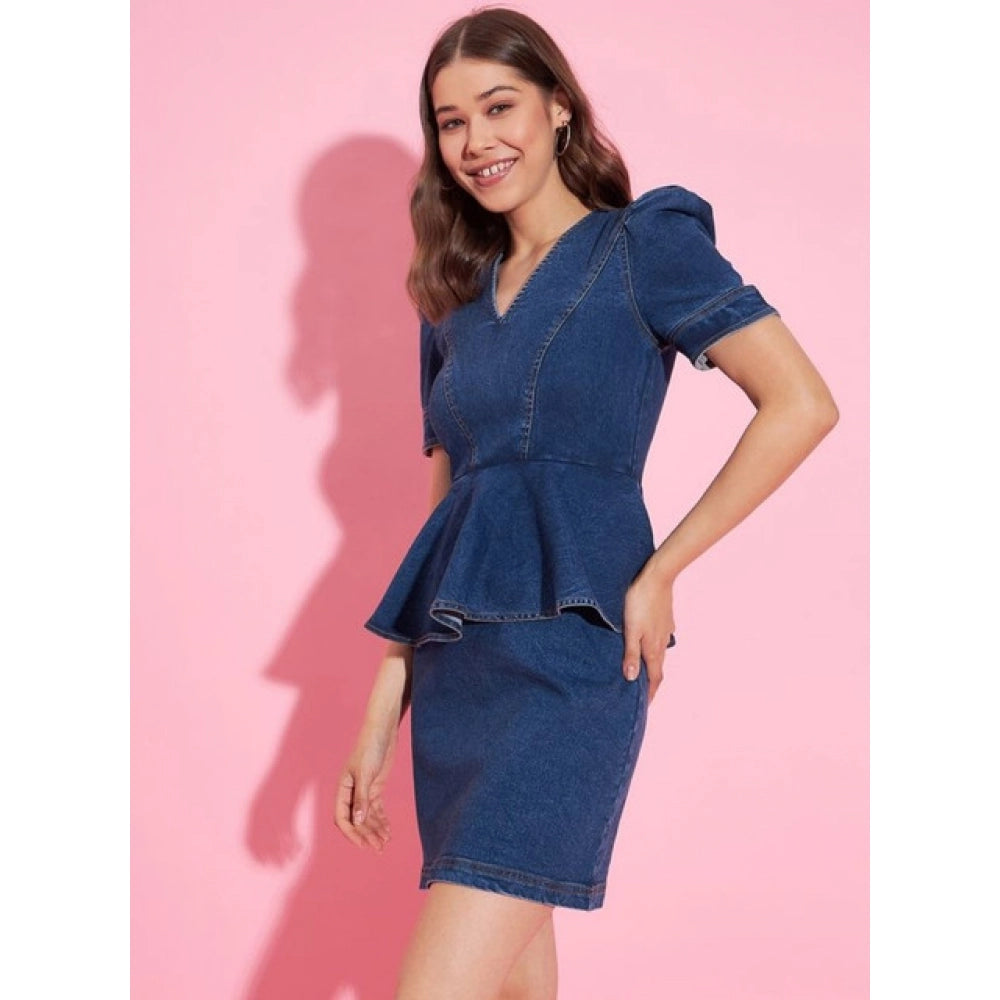 HD Women's Denim Solid Puff Sleeves Dress (Blue)