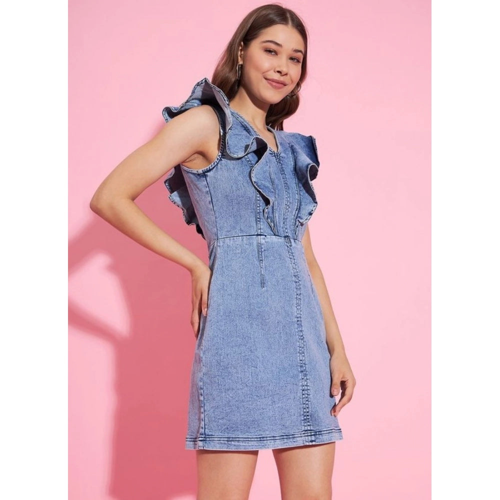 HD Women's Denim Solid Flutter Sleeve Dress (Blue)