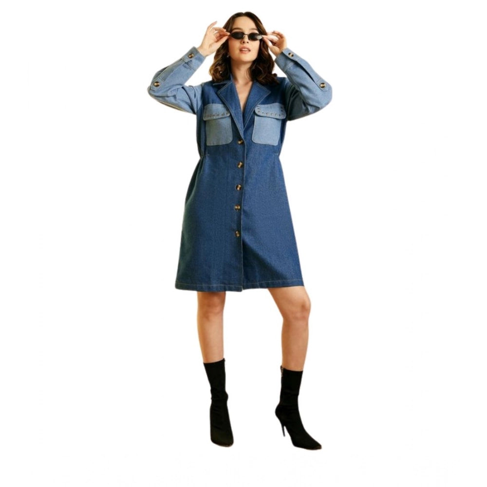 HD Women's Denim Color Blocking Roll Up Dress (Blue)