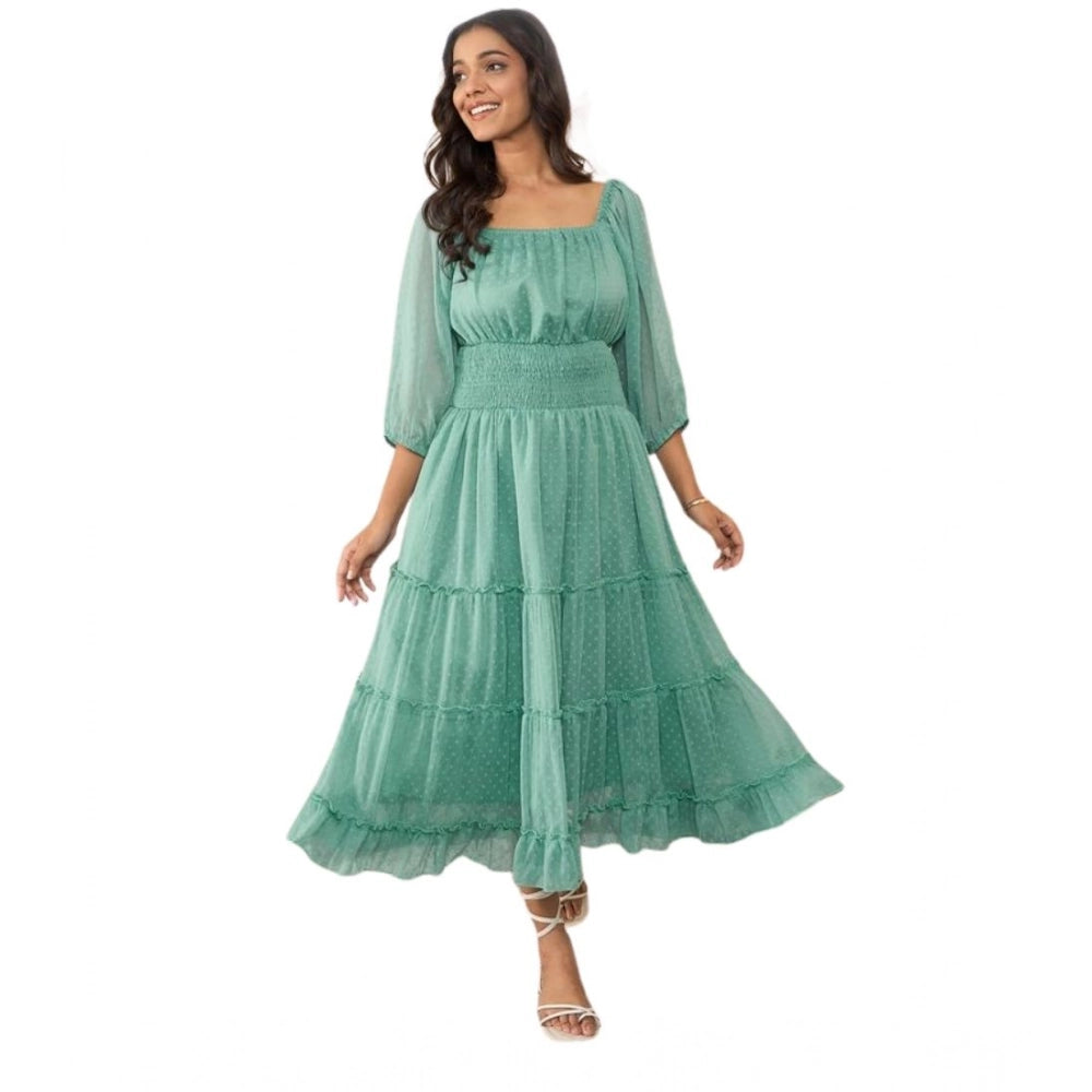 HD Women's Chiffon Solid Puff Sleeve Dress (Green)