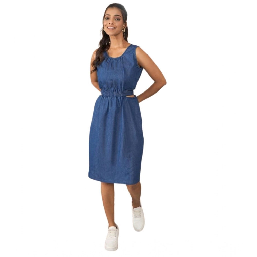 HD Women's Denim Solid Sleeveless Dress (Blue)